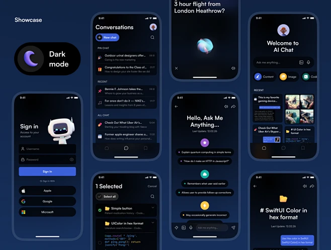 AI06 40屏国外人工智能Ai对话聊天app用户界面设计ui套件模板 Ai Chatbot UI Kit-花瓣网
