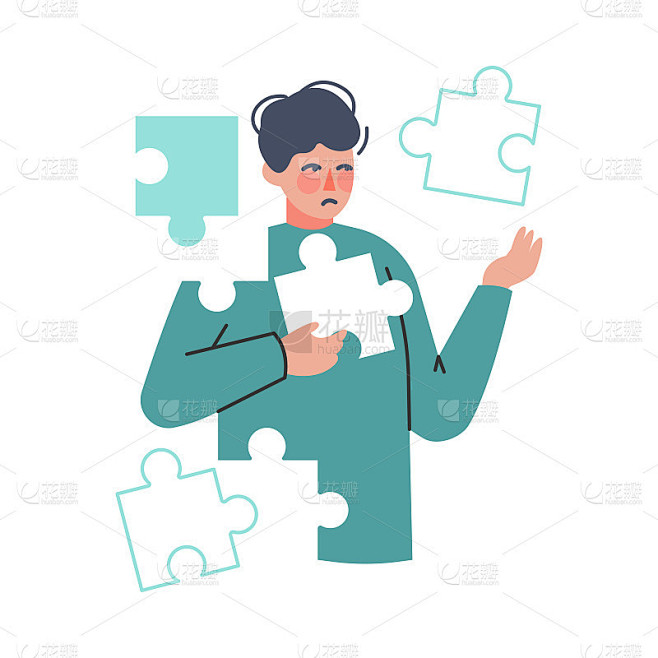 男孩尝试结合拼图，认知发展，自闭症谱系障碍卡通矢量插图