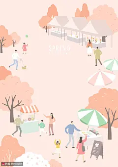 粉橙树木游玩人们摊位买卖春季插画 季节插画 春季插画