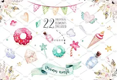 水彩白底粉色粉嫩独角兽奇幻主题填充图案贺卡生日宴png285-淘宝网