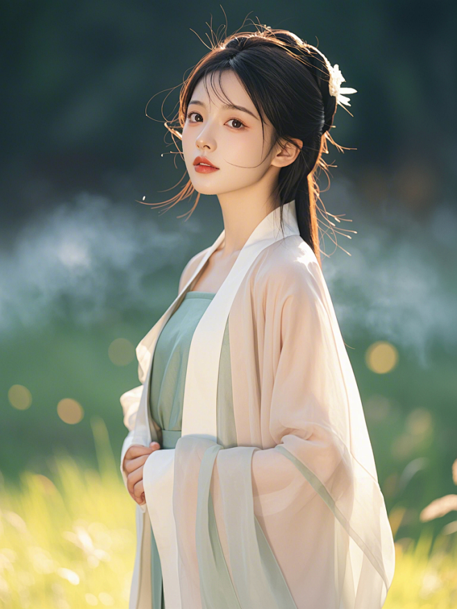 虚化背景，人像全身写真，穿着新中式服装的少女，五官精致，面容清晰，站在草地上，在古色古香的环境中，有柔和的阳光浮现出淡淡的金色光晕，淡淡的烟雾 ...