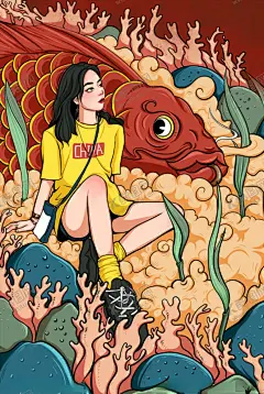 国潮风锦鲤女孩海报 【酷图网】锦鲤,鲤鱼,手绘,插画,国潮,国潮海报,电商海报,卡通女孩