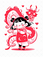 Minimalist line drawing graphics, a chubby little girl wearing a cheongsam ,a cute Chinese loong floating around ，full-body,pink，white background, doodle in the style of Keith Haring,flat cartons，cute doodle art， bold lines and solid colors,sharpie illust