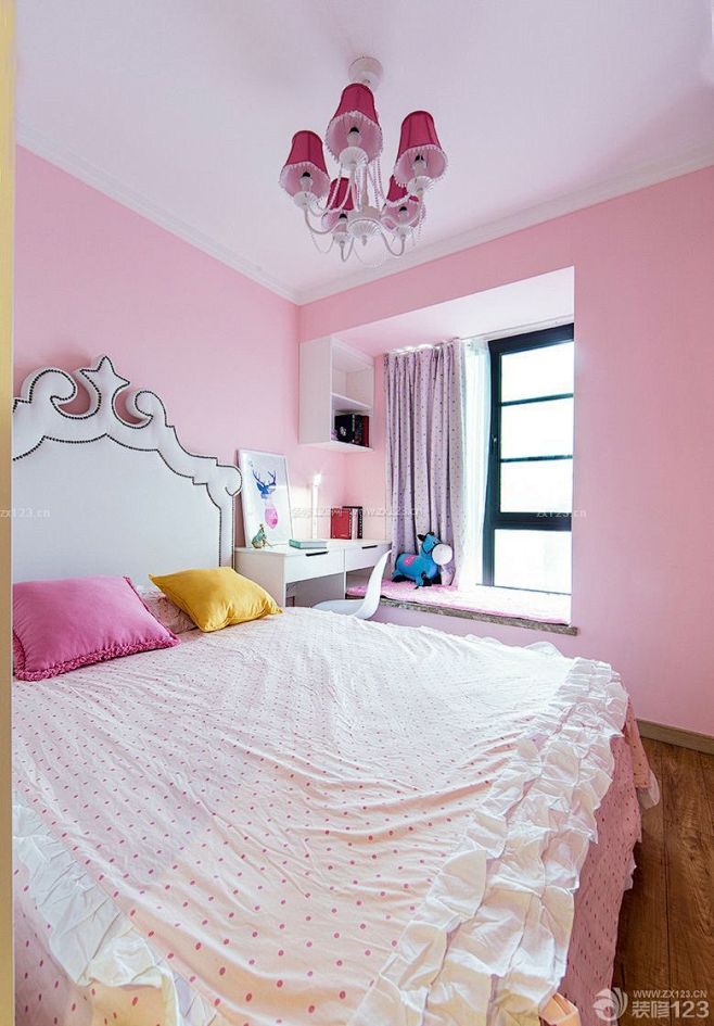 混搭风格设计女孩卧室装修效果图#粉色墙面...