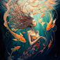 is a mermaid swimming underwater full body, her hair flowing, she is wearing a flowing orange dress with embroidery, surrounded by colorful veiltail goldfish, surrounded by colorful longfin koi fish, with the tentacles of an octopus reaching up from the b