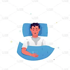 一个有流感症状躺在床上的人物的病媒图解。这个人醒来后汗流浃背.感冒、糖尿病、甲状腺疾病、癌症的症状医
