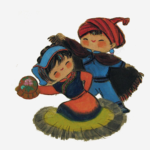 手绘中国风彝族男人女人跳舞插画 绘画 跳...
