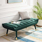 Forest Green Velvet Channel Tufted Mid Century Bench Gold Feet