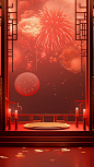 Chinese new year fireworks in the red background, in the style of trompe l'oeil compositions, daz3d, narrative paneling, mirror rooms, nature-inspired art nouveau, interior scenes, minimalist backgrounds