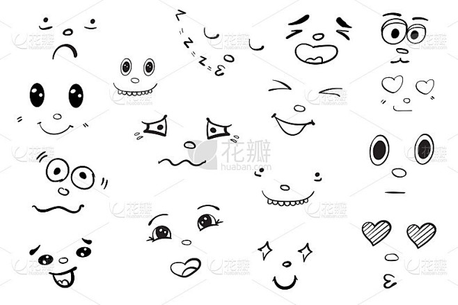 充满爱、烦恼、惊讶、喜悦等表情的滑稽表情。手画卡通风格的包集合