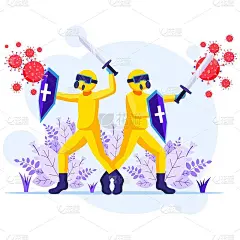 抗击病毒概念:身着防护服的消毒工人用剑和盾牌抗击Covid-19冠状病毒的插图