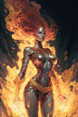 gorgeous X-men Jean Grey Phoenix wearing sleek pearlescent diamond armor levitating with hands raised, engulfed in flames emanating from body, molten lava landscape, magical, smooth sharp rendering, spectacular, 16k UHD, hyperrealistic, Intricate fine det