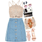 A fashion look from June 2016 featuring pink crop top, blue skirt and steve madden pumps. Browse and shop related looks.