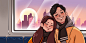 情人节插画卡通地铁车箱的情侣情人节背景海报素材