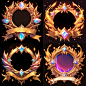 The icon of the League of Legends circular badge, surrounded by golden flames and gems. There is an empty banner at the bottom of the emblem. It has sharp edges that look like a game UI element, symmetrical composition, strong visual impact, high resoluti