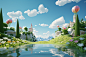 a blue sky，white clouds. The rendering captures the essence of a perfect summer day with vibrant colors and realistic textures. Immerse yourself in this tranquil landscape and embrace the beauty of nature ，3d rendering , octane render , Unreal Engine ，beh