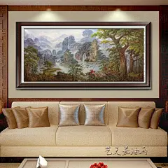 纯手绘客厅沙发山水画风水新中式装饰画风景挂画壁画沙发背景墙画-淘宝网