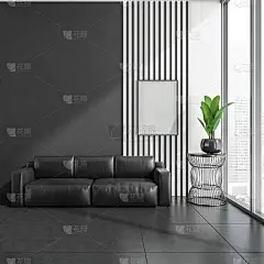 时尚的现代办公室室内在摩天大楼设计皮革沙发，白色模拟框海报，瓷砖瓷砖地板。全景窗口。没有人。