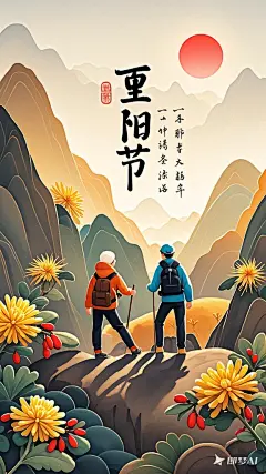 生成重阳节海报渲染C4D渲染，重阳节海报可添加诸多元素。以连绵山脉为背景，一轮红日悬挂天边，营造温暖氛围。两位身着登山装备的登山者并肩而立，影子拉长增加立体感。再点缀菊花、茱萸体现节日特色。配上 “重