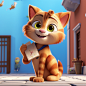 3d cartoon art style, A cute brown cat character, blue eyes, short tail, grabbing a bag of cat treats with its paw, in a courtyard