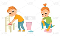 小大眼睛的男孩和女孩掸椅子和地板与湿布向量集