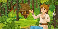 卡通场景与小男孩旅行，遇到隐藏的木屋在森林