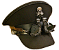 SDL steam punk military hat with handmade optical goggles with green lens.