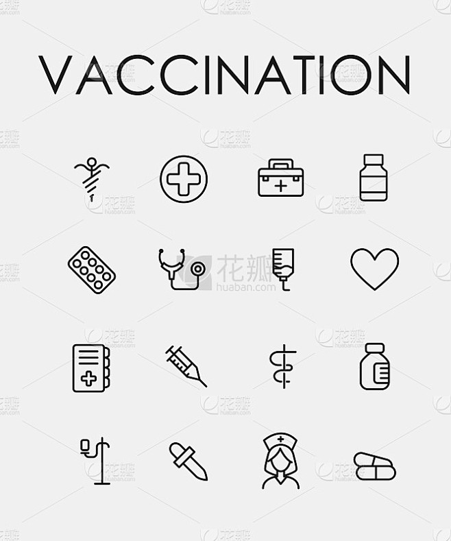 与疫苗接种相关的线条图标的简单集合。
