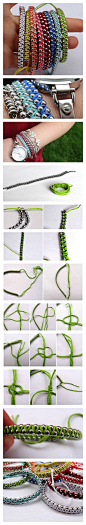 鏈珠繡線手鍊教程，利用常看到的鏈珠和繡線纏繞而成，最後用平結完成，簡單好看的手鍊做法。