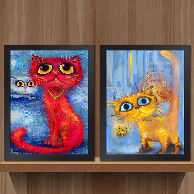 猫装饰画挂画动物油画儿童房墙画客厅另类卡...