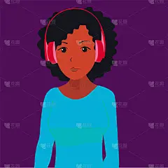 一个小女孩戴着耳机听音乐和播客。向量,平