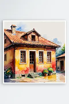 手绘油画老房子四合院插画-众图网