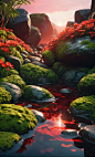 00137-2378645064-instagram photo,Hyperrealism,cinematic,realistic,4K,the rocks are covered with moss,surrounded by some strange green plants and