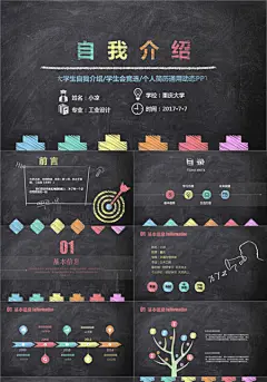 创意手绘黑板粉笔风大学生自我介绍个人简历ppt模板