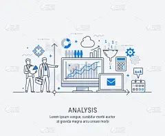 现代细线设计分析网站横幅.用于商业分析、市场研究、产品测试、数据分析的矢量图解概念.