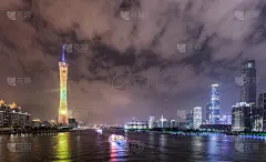 广州,黄昏,海心沙,珀尔里福,广角拍摄,观光船,了望塔,广东省,霓虹色,天空