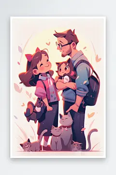 数字艺术猫咪卡通插画扁平风插画-众图网