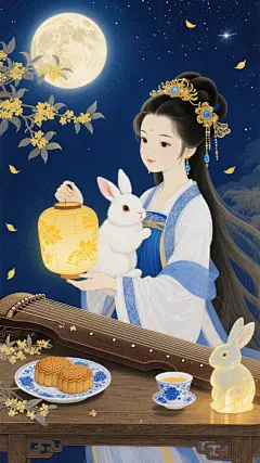 工笔风插画，融合古典中式美学与梦幻意境，月夜下女子怀抱玉兔，执灯抚琴，桌上月饼、茶盏与桂花点缀，营造唯美优雅的中秋氛围。