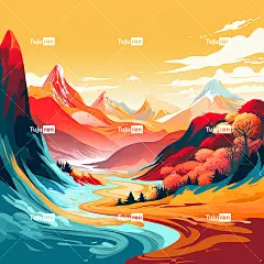 五颜六色的山亭子树与中国工艺红色黄色蓝山海报