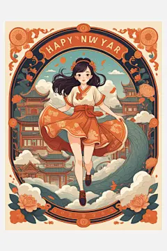 数字艺术插画版画海边女孩线条画扁平风装饰-众图网