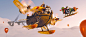 Race Above the Clouds, Dirk Wachsmuth : A cat and a duck in a fast competition above the clouds, hidden for human eyes, sitting in some diy-junk airships and fighting for the win.

This image was done for a contest at RenderStreet. The goal was to interpr