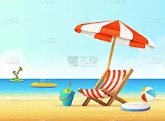 沙滩上的日光浴床和雨伞。暑假与海景概念