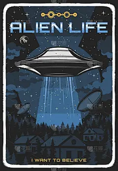 夜晚用ufo照亮房屋的复古海报