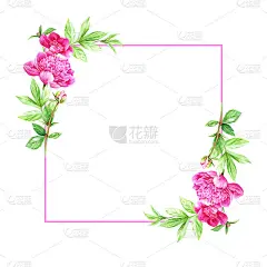 水彩方形框架粉红色牡丹，叶，芽和小枝。鲜艳的夏季鲜花的插图邀请，菜单，贺卡。