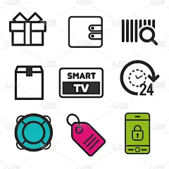 现在盒子图标。智能电视的象征。Lifebouy图标。价格标签的信号。24小时开放和包装图标。Eps1