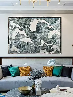 手绘珐琅彩装饰画客厅沙发背景墙壁画日式餐厅轻奢画神奈川冲浪里-tmall.com天猫