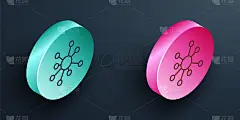等距线分子图标隔离在黑色背景。化学分子结构、科学教师创新教育海报。蓝绿色和粉红色的圆形按钮。向量