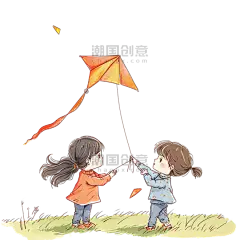 创意卡通春天孩子放风筝春游玩耍手绘元素