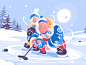 Family playing in hockey character sport winter ice kid dad mom hockey playing family kit8 flat vector illustration