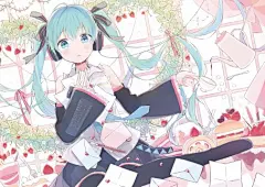 初音未来/蓝色眼睛/gomi_chiri/双马尾/VOCALOID/草莓/食物/脸红/蓝发/眼泪/paper
